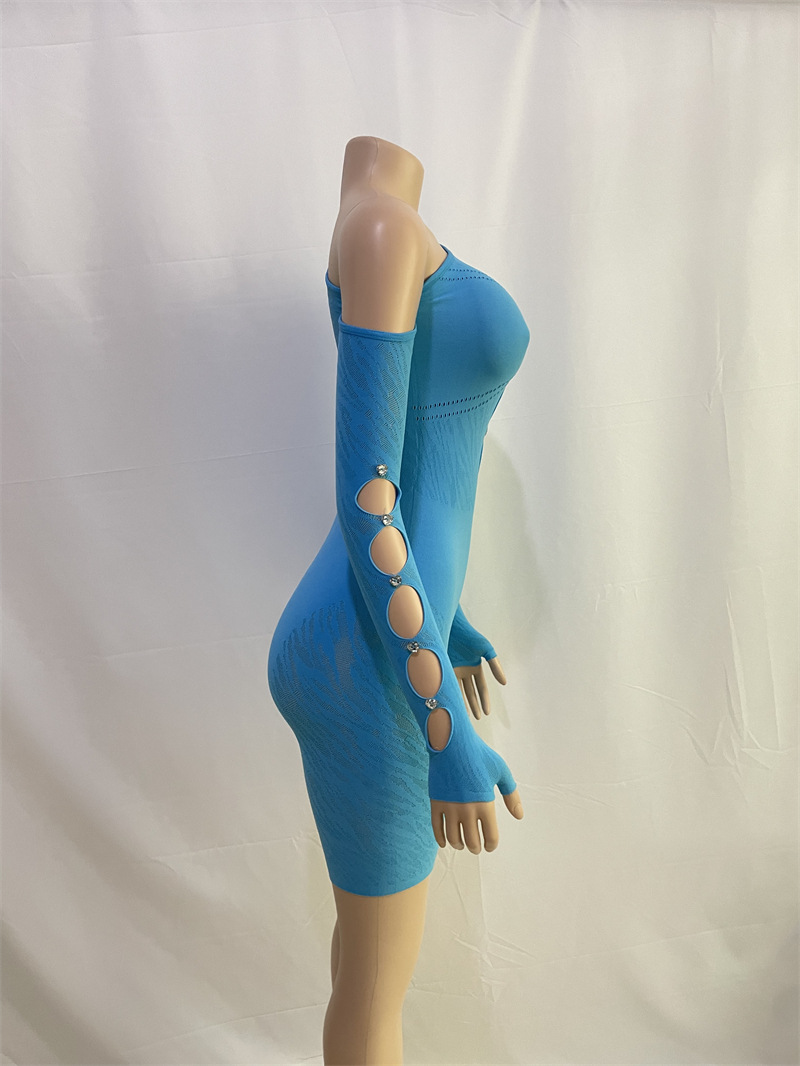 Solid Color Diagonal Shoulder Long Sleeve Diamond Hollow Out Cutout Sexy Slim Fit Romper