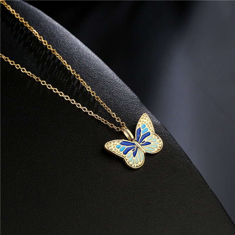 Aogu Cross-border Supply European And American Ins Internet Celebrity Same Style Colorful Oil Necklace Butterfly Pendant Real Gold Plated Copper Necklace display picture 4