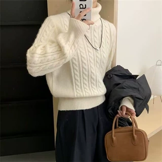 慵懒风复古套头毛衣女秋冬新款收腰显瘦软糯麻花厚毛衫针织衫上衣
