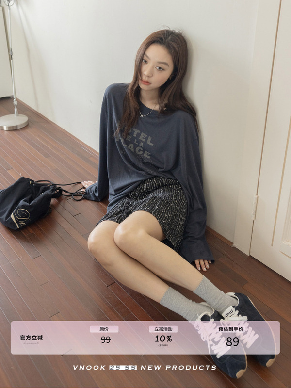 VNOOK天丝印花长袖t恤女夏2025圆领宽松显瘦大码薄款气质针织上衣|undefined