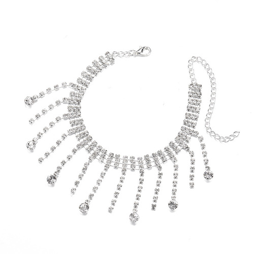 New European and American hot-selling rhinestone tassel anklet, women's beach simple double-layer teardrop pendant anklet wholesale