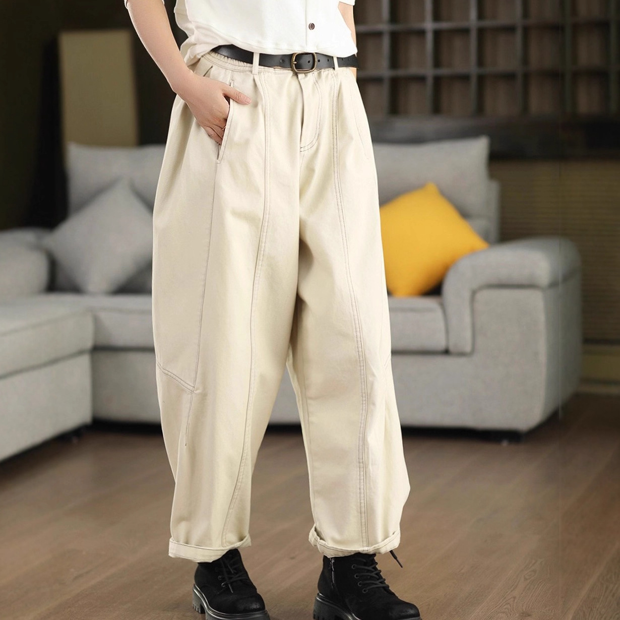 Solid color retro three dimensional fitted autumn trousers for…