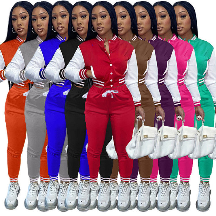 9793 # European and American Style 2024 Color-Blocked Women's Jacket Set Single-Breasted Patchwork Long-Sleeve Baseball Jacket Two-Piece Set for Women
