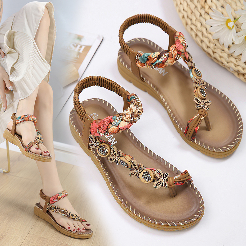 Foreign Trade New Style Bohemian Style Thick-Soled Sandals Amazon Fashionable and Comfortable Hand-Woven Ribbon Rhinestone Women's Shoes