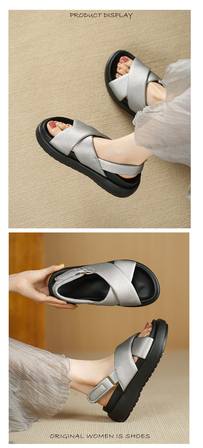 Dép sandal nữ đế xuồng quai hậu mùa hè mới thời trang, thoải mái, đa năng, đế dày, tăng chiều cao, kiểu dáng mở mũi — đen, bạc chi tiết 4