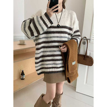 韩系慵懒风条纹撞色针织衫早秋新款百搭宽松显瘦毛衣外套上衣女装