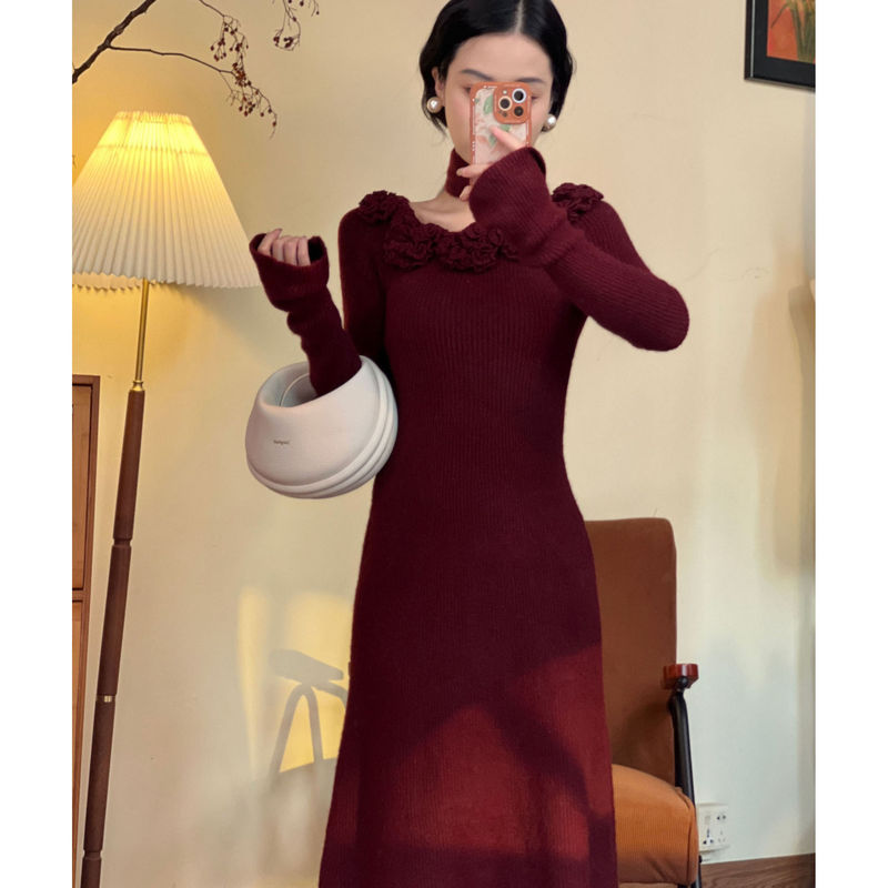 温柔风圆领围脖花朵气质针织衫秋冬新款优雅复古收腰毛衣连衣裙女|undefined