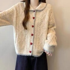 韩系气质爱心扣娃娃领针织开衫女2025秋冬新款宽松可爱风毛衣外套