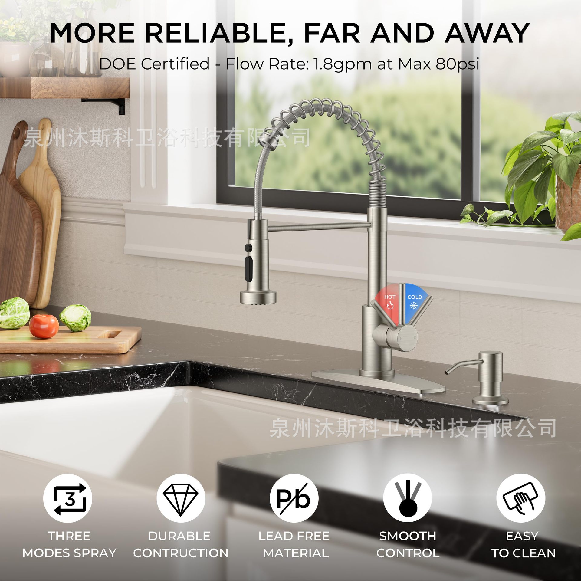 Grifo de Cocina Extensible de Acero Inoxidable con Agua Caliente y Fría y Doble Salida de Agua