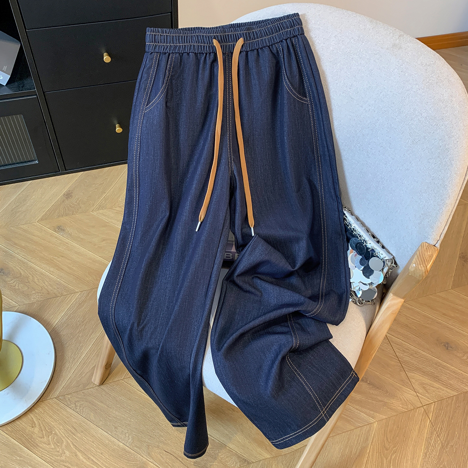 Tencel Soft Denim Banana Wide Leg Pants Women's 2025 Summer New Style Drape Drawstring High Waist Easiest for Match Casual Straight-Leg Pants