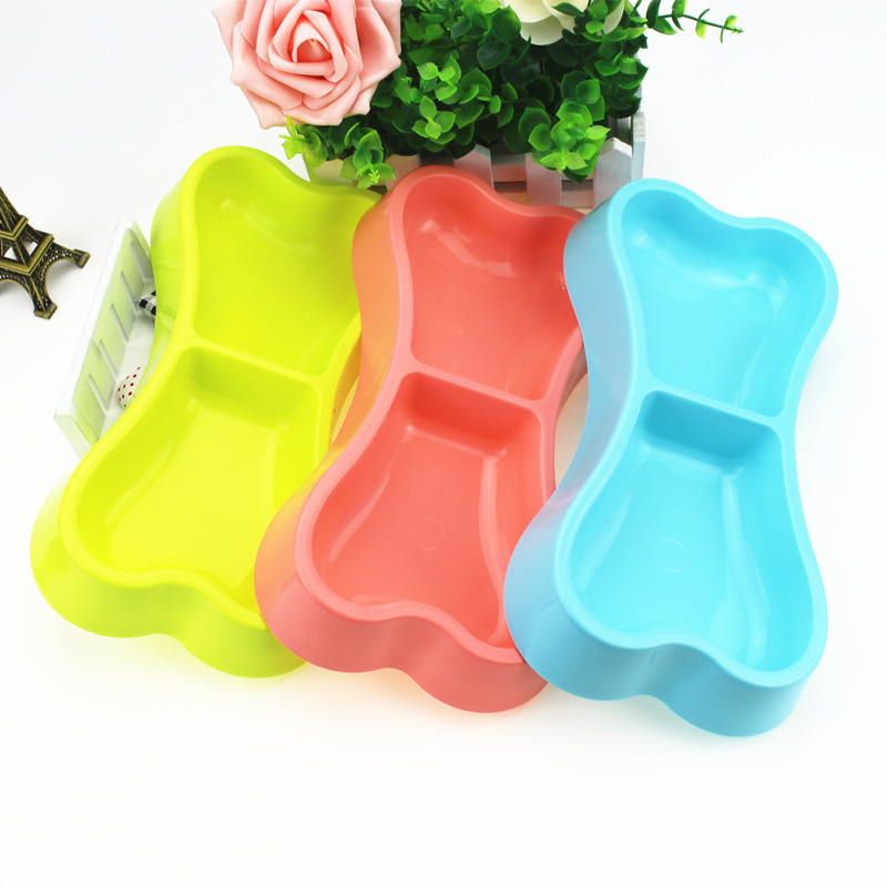 Mascota doble tazón perro tazón plástico para mascotas tazón perro forma de hueso perro doble tazón dos en uno tazón de comida para mascotas