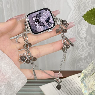 适用于苹果表带iwatchS11/S10黑珠星星月亮腕带金属链条灰色表带