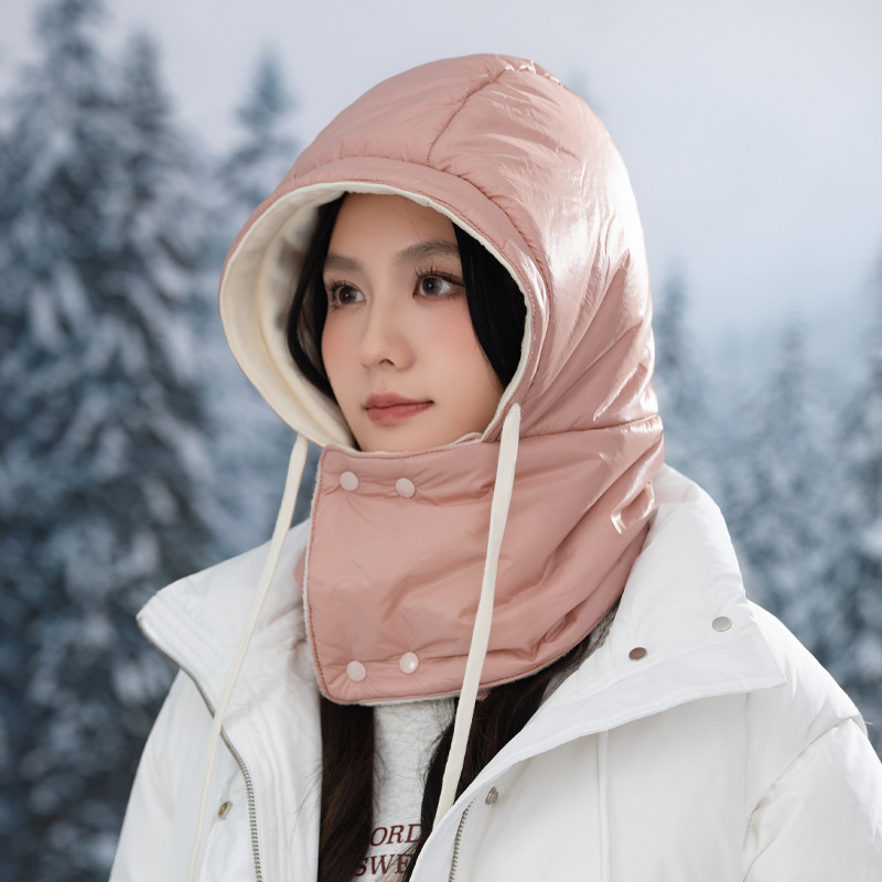 日系百搭羽绒皮面雷锋帽子女可围脖防寒保暖一体帽秋冬休闲套头帽|undefined