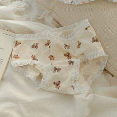 日系甜美可愛學生卡通小熊親膚舒適柔軟蕾絲邊百搭純棉女三角褲