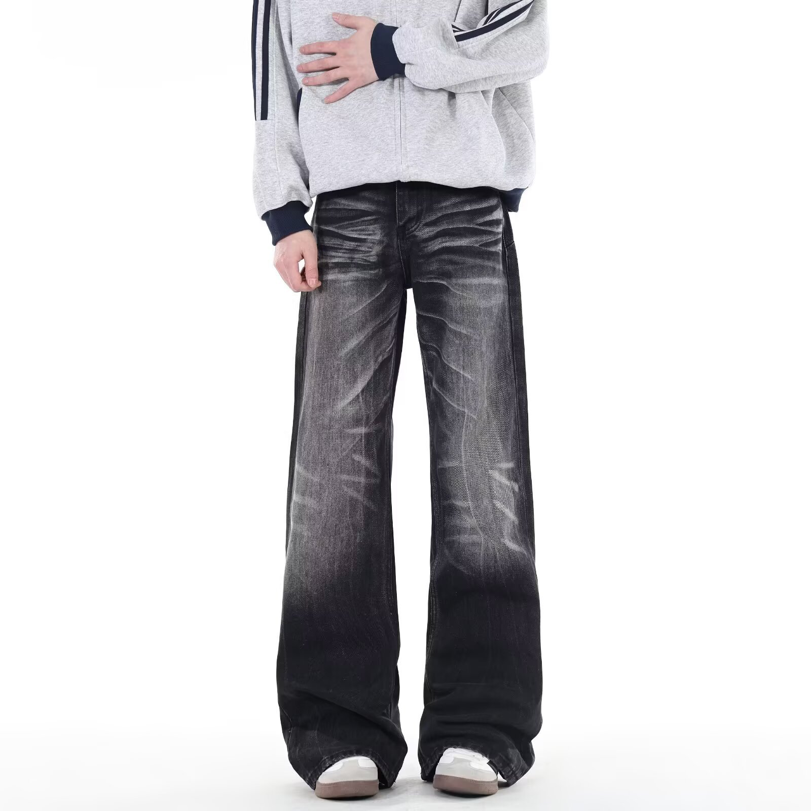 Men's Washed Black Bootcut Jeans Vintage Distressed Denim Pants_voghion.com