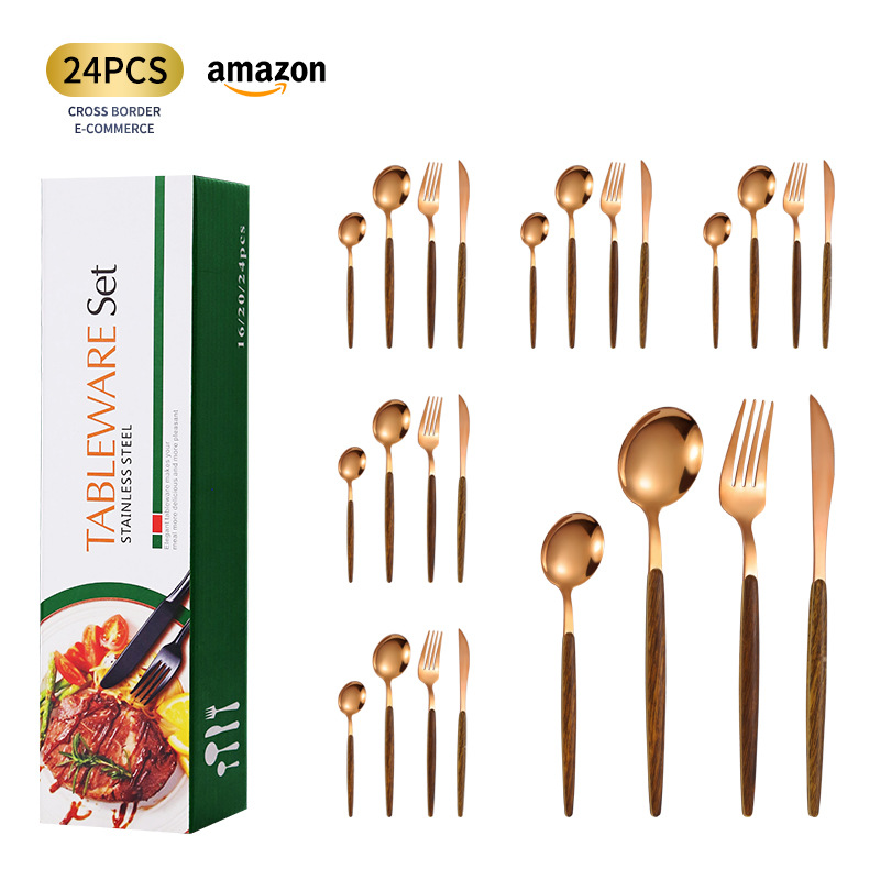 Amazon Portugal traje de vajilla de acero inoxidable Juego de 24 piezas de imitación mango de madera cuchillo de acero inoxidable, tenedor y cuchara traje de regalo