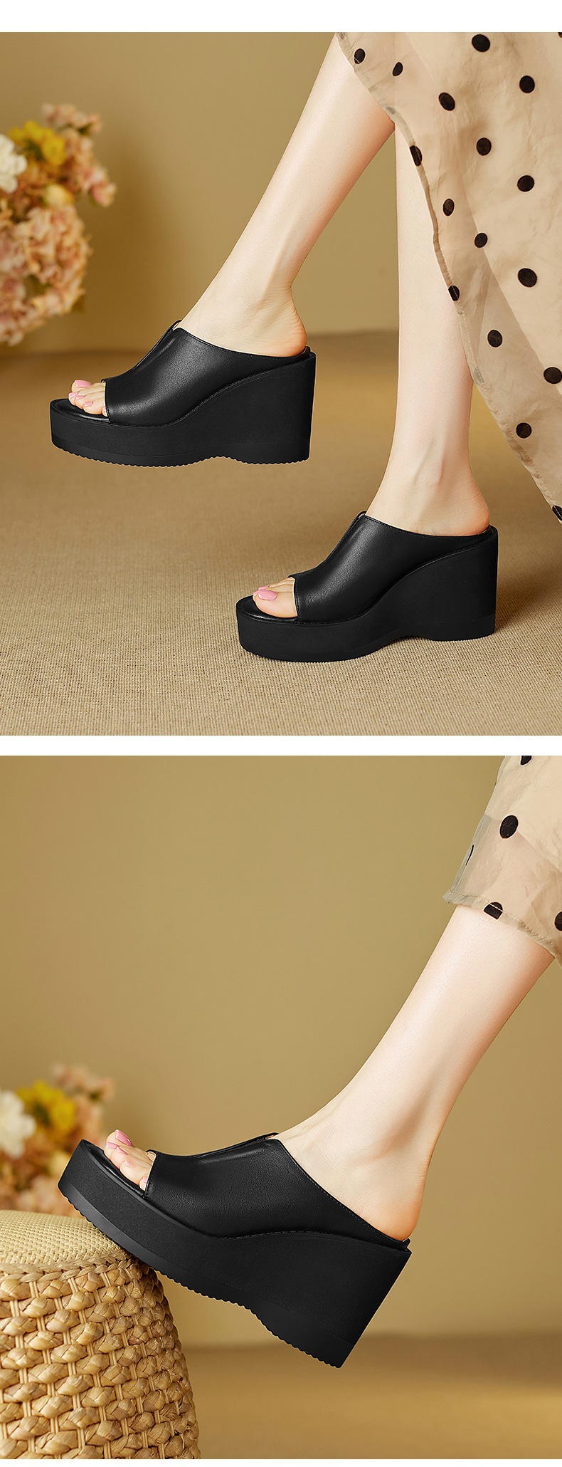 Dép sandal cao gót nữ mũi cá, đế xuồng dày, quai ngang, gót 8 cm — đen chi tiết 5