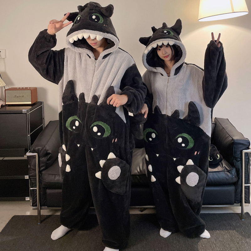 ワンピースのカップルのパジャマの女性の珊瑚の絨毯は厚いです。秋冬の男性のファスナーのフランネルの家の服は一体になります。|undefined