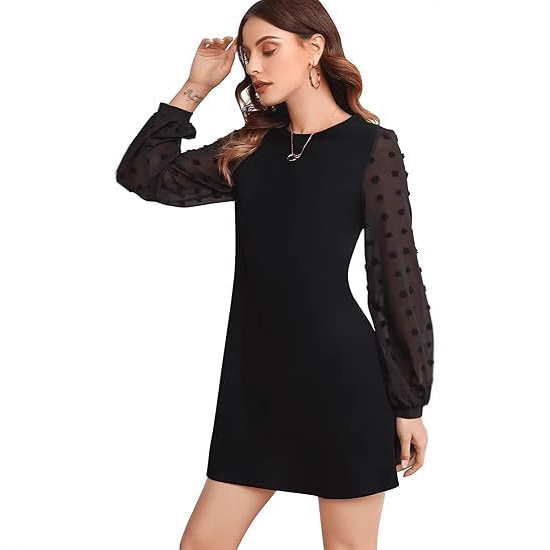 Women Elegant Mesh Contrast Color Long Sleeve A-Line Mini Short Dress Dresses