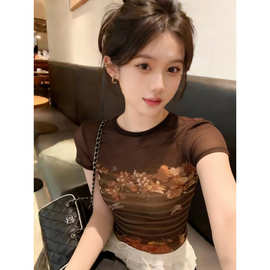 辣妹复古氛围感短款花纹短袖T恤女夏季修身显瘦辣妹风透视感上衣
