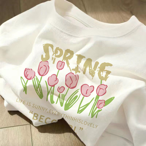 Short-sleeved Cherry Himari Print Women's White T-shirt Trendy Thin Version Stylish Korean Style Short-sleeved T-shirt