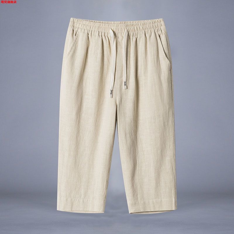 2024 Cotton and Linen 7 Capri Pants Men's Summer Loose Thin New Chinese Style Straight Shorts plus size Linen Pants