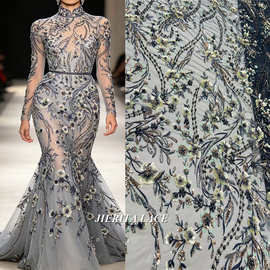 Nigeria weddingnew重工立体花朵刺绣网纱面料高定礼服晚礼服布料