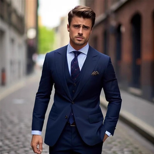 Aliexpress Cross-Border Navy Blue Men's Suit Solid Color Texture Suit Business Meeting Casual Temperament Suit