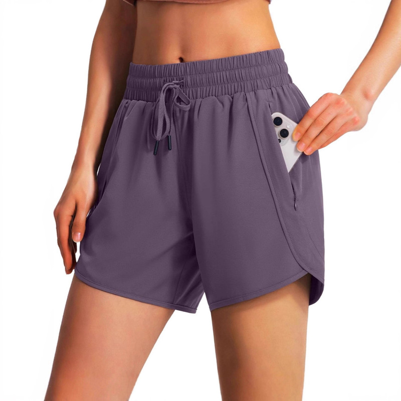 Cross-Border Amazon 5inch Sports Running Shorts Quick-Dry Lightweight Fitness Shorts with Zipper Pockets for Women