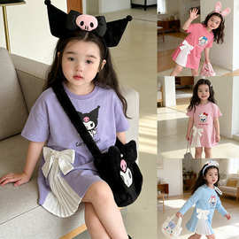 甜美ins女童连衣裙2026女孩夏季ku洛米紫色宝宝短袖T恤裙蝴蝶结