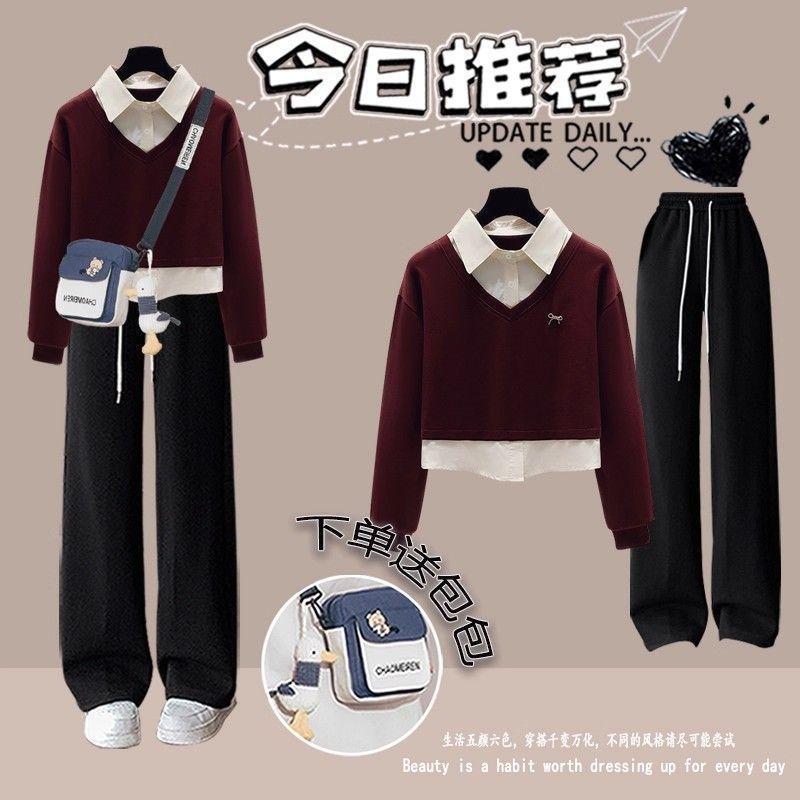 初高中学生假两件卫衣女春秋2025新款学院风少女POLO领套头上衣服|undefined