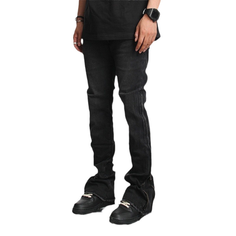 AKAMA pantalones sueltos de calle alta con cremallera, pies delgados, jeans negros elásticos, pantalones micro-acampanados de moda para hombres