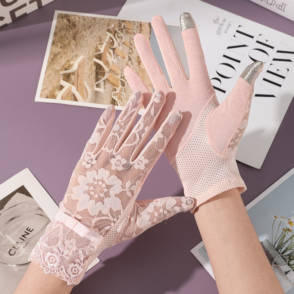 Guantes de protección solar para mujer en verano, protección UV, longitud extendida, hilo de algodón, para conducir y andar en bicicleta, pantalla táctil, antideslizantes, guantes finos de encaje