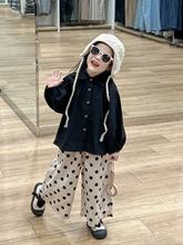 女童秋装森系复古衬衫黑色灯笼袖竹节衬衣+棉麻波点阔腿裤分开拍