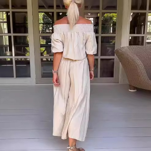 2023 europeo y americano transfronterizo otoño mujer estación independiente AliExpress moda color sólido fuera del hombro mono de pierna ancha mujeres