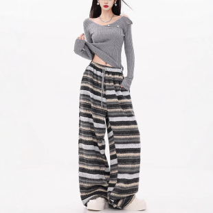 European and American Striped Winter Thickened Woolen Wide-Leg Pants Women's Loose Waist Straight Pants Lazy Style Women's Loose Trendy Pants
