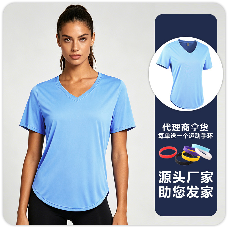 T-shirt de yoga de acondicionamiento físico para mujeres, protector solar, absorción de humedad, sudor, secado rápido, transpiración, correr, cuello en V, mangas cortas