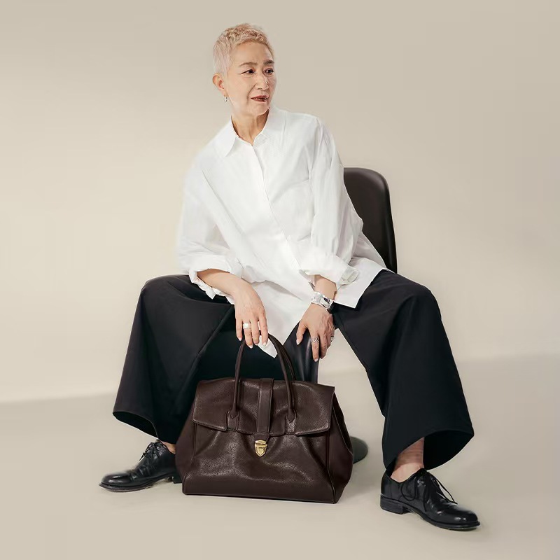 Qiu Family Women's Genuine Leather Retro Large Capacity Briefcase, Top Grain Vegetable-Tanned Cowhide Commuter Handbag - Thumbnail 3