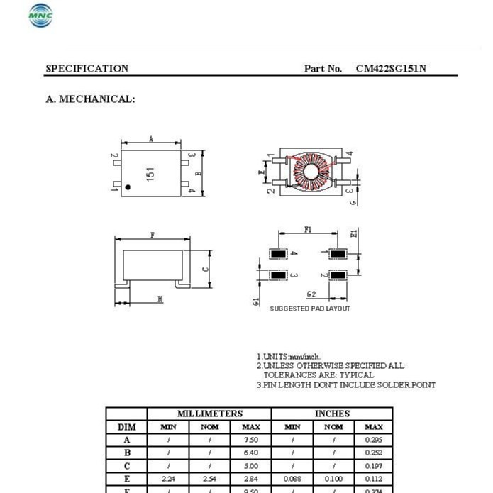 CM422SG151N 共模扼流圈 / 共模电感 COMMON MODE CHOKES