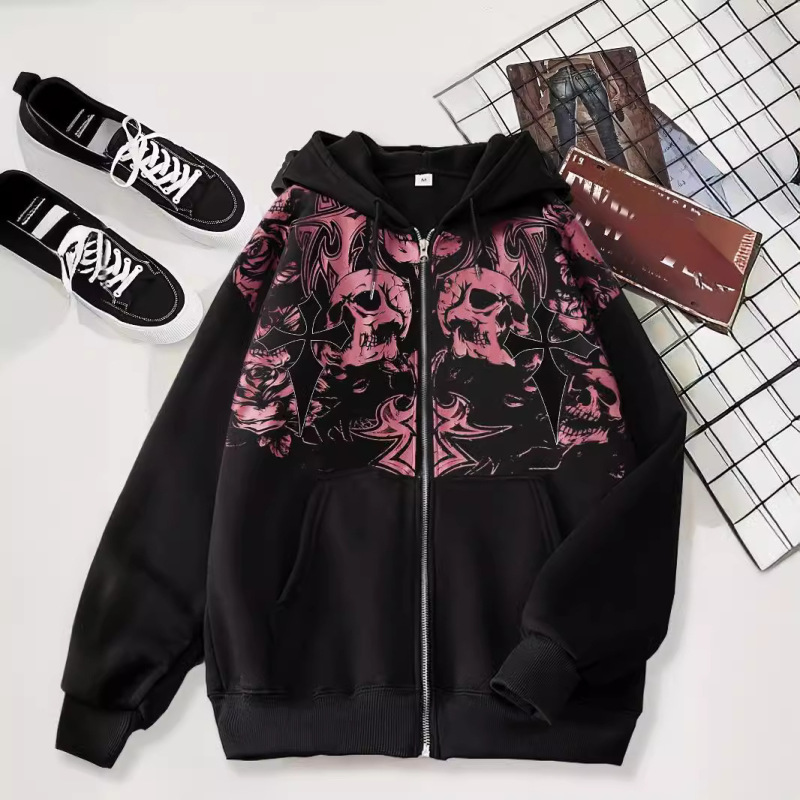 New 2026 Cardigan Sweatshirt Dark Skull Casual American Style Zipper Men's Hoodie Black Trendy Black Jacket New 2026 Cardigan Sweatshirt Dark Skull Casual American Style Zipper Men's Hoodie Black Trendy Black Jacket