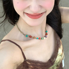 新中国風民族風カラー瑠璃ビーズネックレス女性夏ドーパミン小衆レトロ飾り鎖骨首鎖