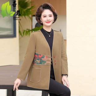 New Chinese-style Mother's Coat 40-60-year-old Collarless Middle-aged Women's plus size Woolen Coat Spring and Autumn