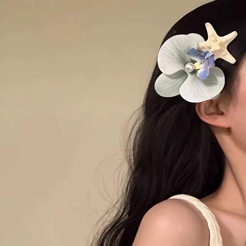 夏の海辺のリゾートスタイルのヘアピン胡蝶蘭ヒトデサイドクリップヘアアクセサリー模擬花ヘアピンクリップ写真ヘッドドレス|undefined