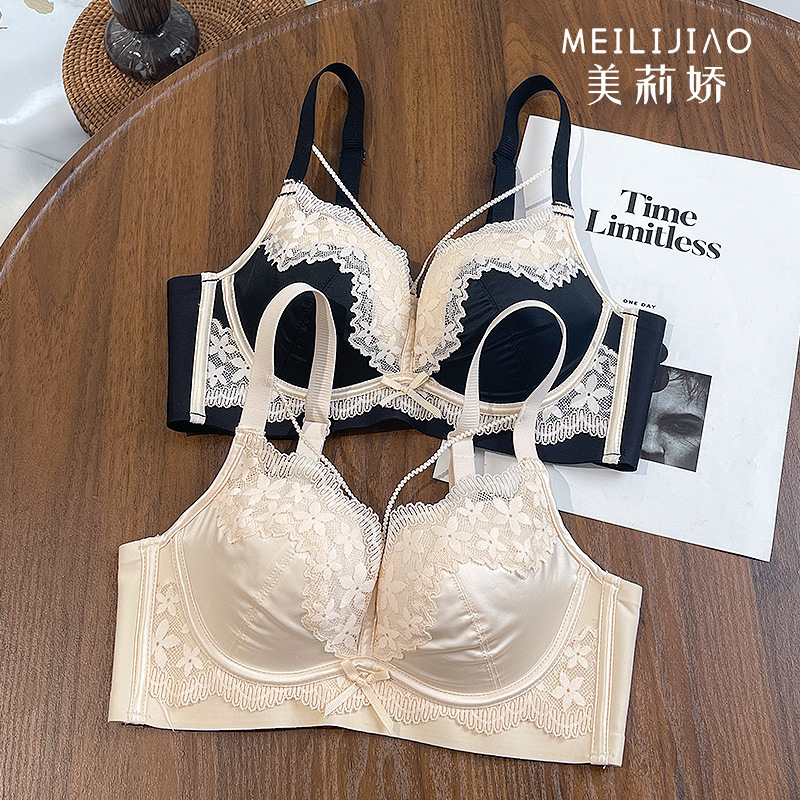 Meilijiao Vintage Satin Lace Underwear Comfortable No Steel Rings Small Chest Push-up Side-up Toven Bra suit Meilijiao Vintage Satin Lace Underwear Comfortable No Steel Rings Small Chest Push-up Side-up Toven Bra suit