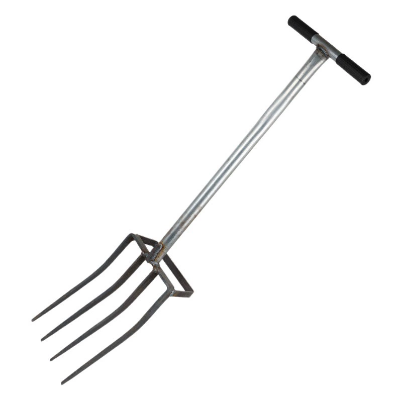 Имбирный вилка переворачивает артефакт рыхлой почвы, рыхлый чеснок, четыре зубца, пять зубов, марганцевая сталь, четыре стальные вилки утолщены, одна пустая стальная вилка