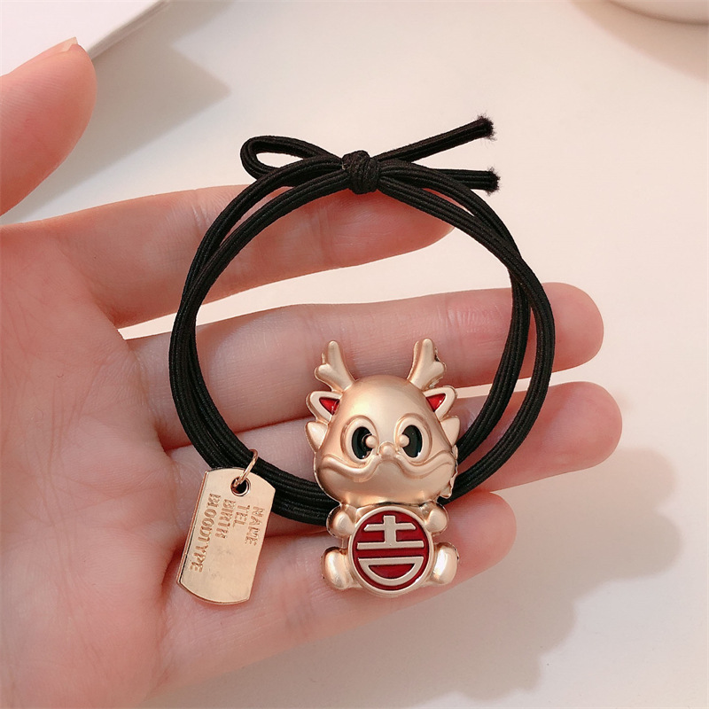 Año del Dragón Zodiaco de alta sensación metal rojo Año Nuevo anillo de cabello de alta altura cuerda elástica cuerda de cabello festiva adornos para el cabello