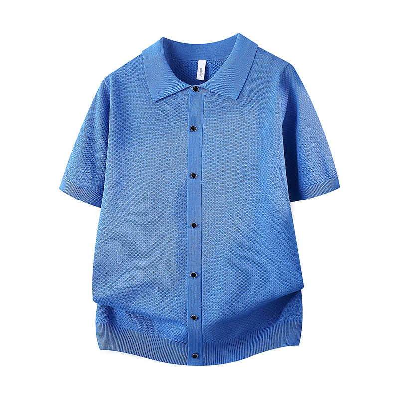 Polo camiseta collar camiseta de punto camiseta de manga corta camiseta hombre waffle cardigán viejo dinero viento hielo seda fábrica transfronteriza al por mayor