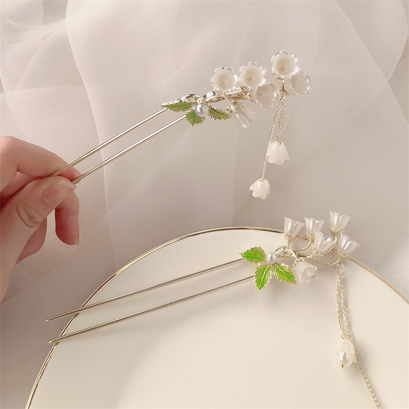 Estilo antiguo temblor perla orquídea borla horquilla hembra verano con cheongsam hanfu updo Palacio lámpara horquilla tocado