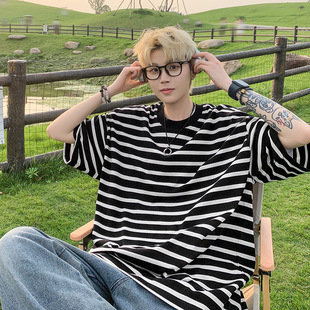 2024 summer new 260 grams of cotton striped short sleeve T-shirt a generation of postage