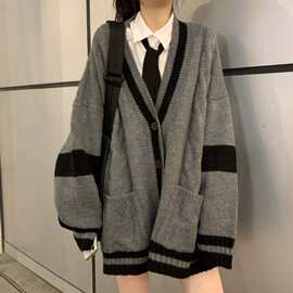 新款毛衣针织开衫外套女装宽松加厚撞色V领休闲学院绞八纽扣韩版